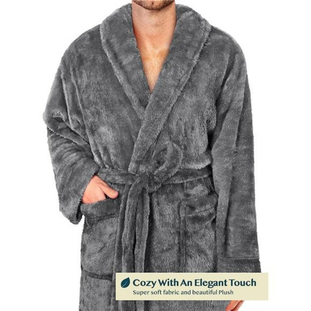 Men's Soft Robe, Plush Fluffy Fleece Bathrobe Men, Long Sherpa Shaggy Spa Robe - Picture 3 of 7